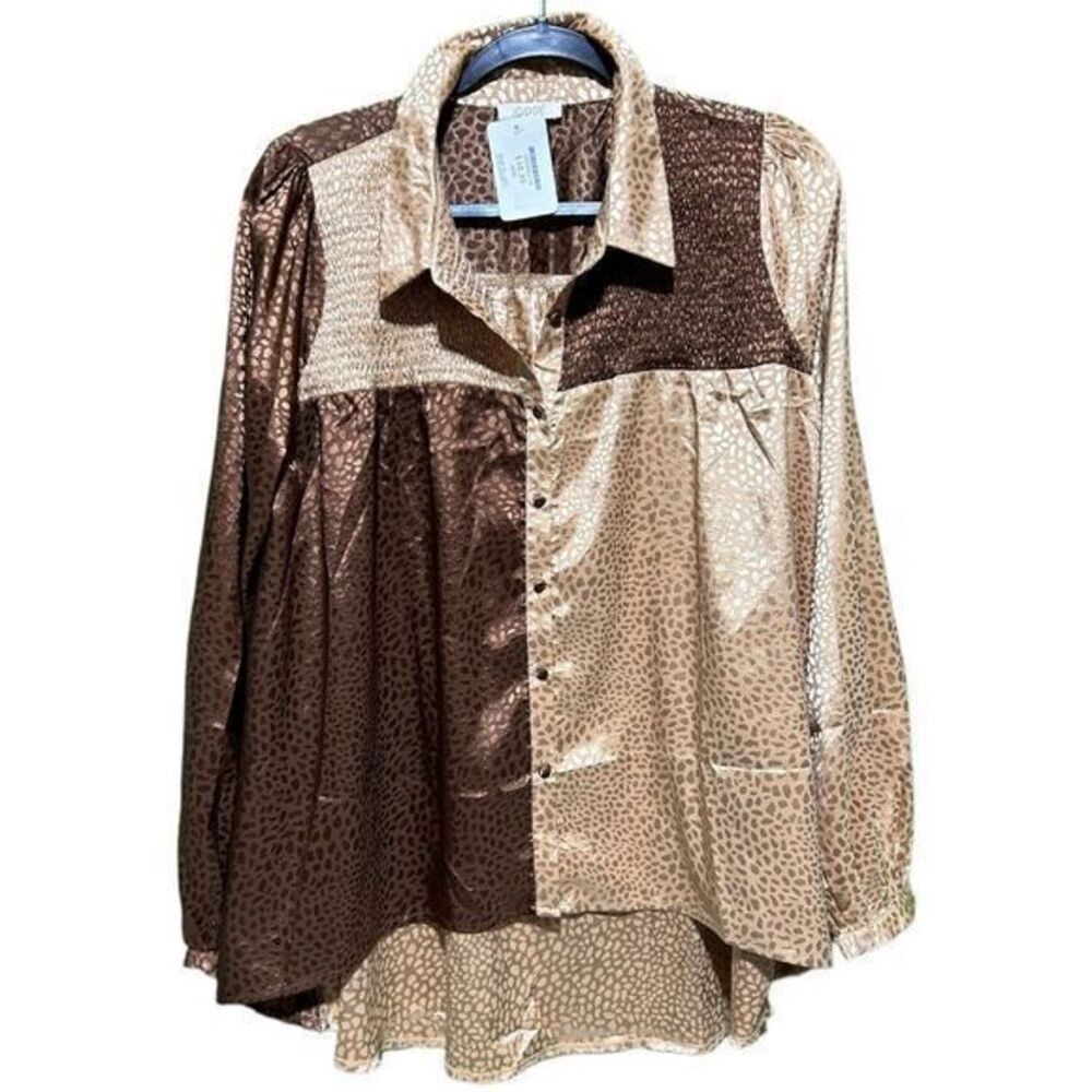 NWT Oddy Women's Leopard Print Colorblock Silk Top Size Medium‎ Brown/Tan
